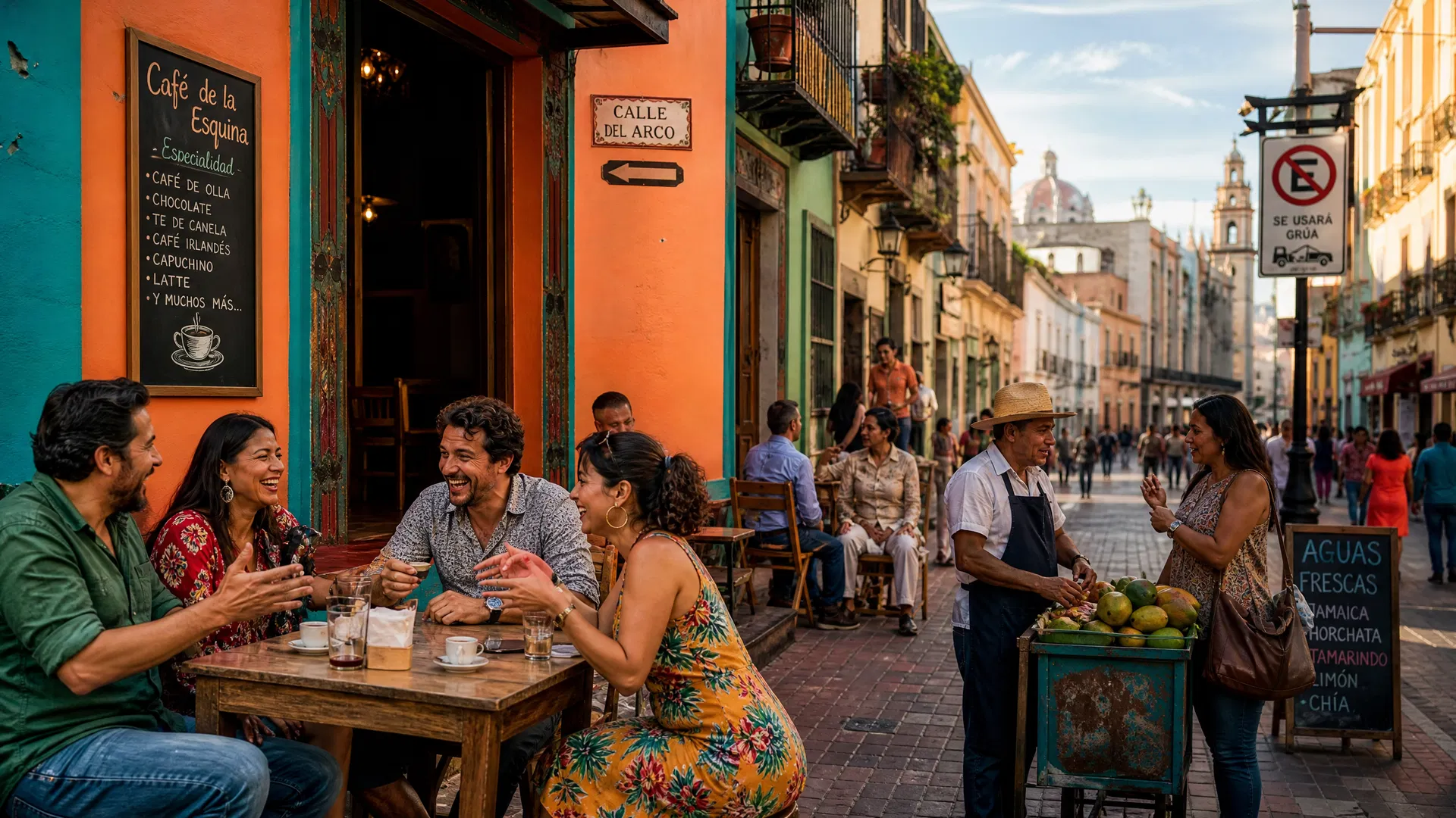 Pessoas conversando em espanhol em um café na cidade